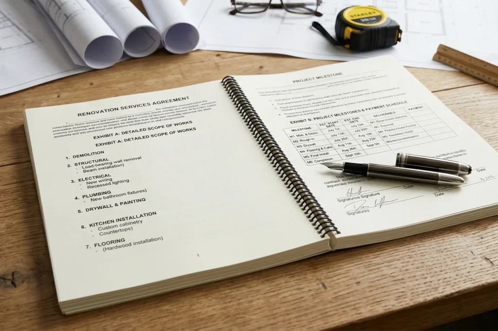 A spiral-bound renovation contract open on a wooden table, showing a detailed scope of works and a project payment milestone schedule.