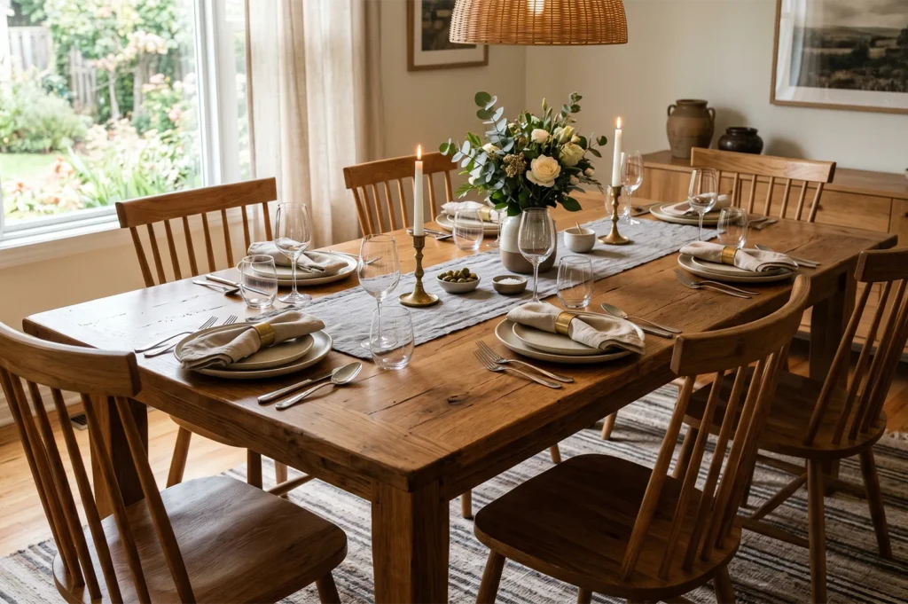 A warm, rustic wooden dining table set for six with linen napkins, wine glasses, and a center floral arrangement featuring eucalyptus leaves.