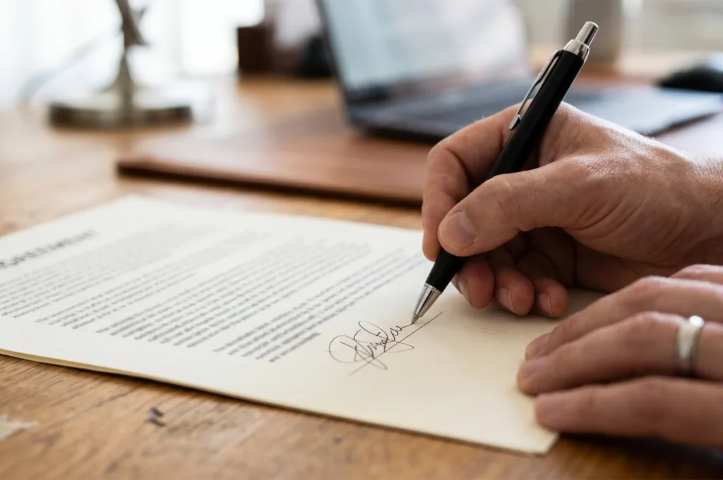 A close-up shot of a person signing a legal business contract with a pen on a wooden desk.