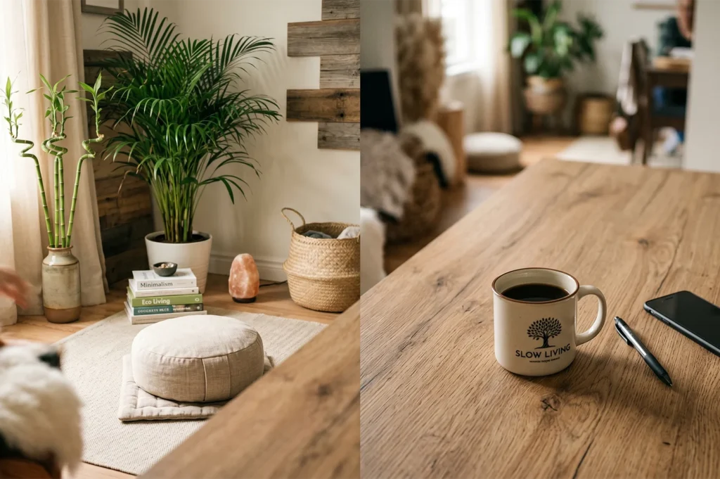 A split image showing a meditation corner with a floor cushion and plants next to a wooden table with a coffee mug featuring the Slow Living logo.