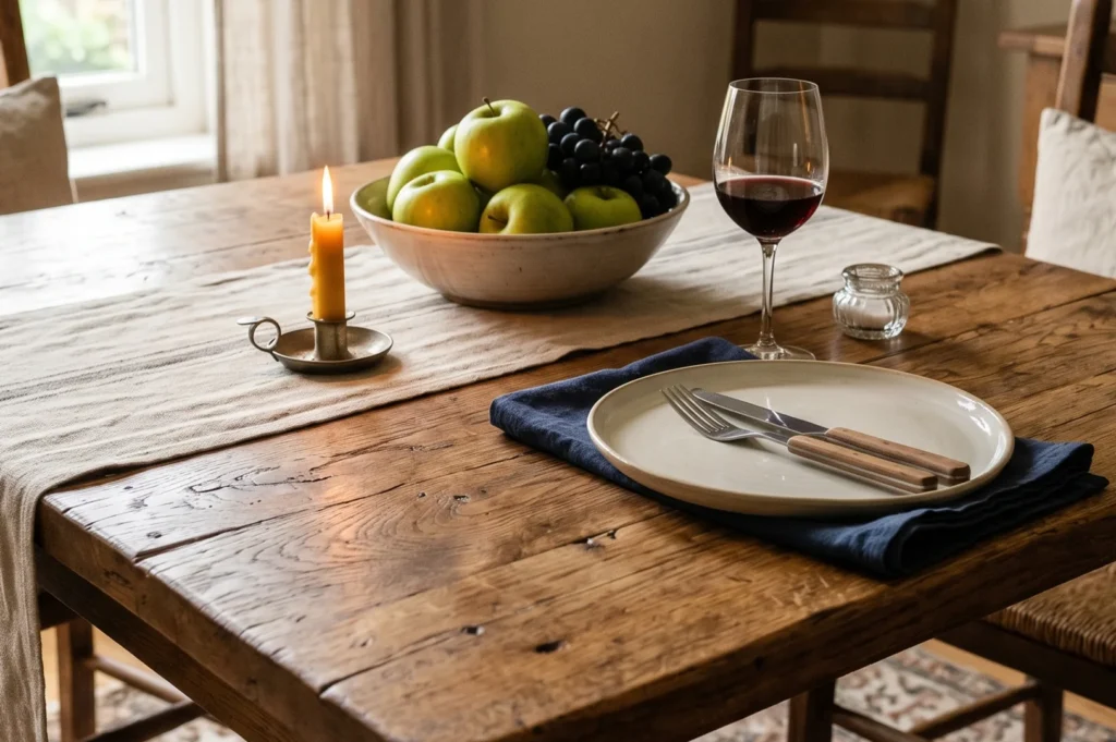 A close-up shot of a farmhouse-style wooden table featuring a bowl of green apples and grapes, a glass of red wine, and a lit candle.