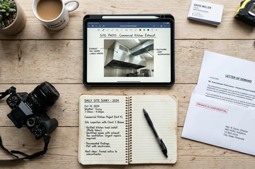 A workspace showing a daily site diary, a letter of demand, and an iPad displaying site inspection photos of a kitchen exhaust system.