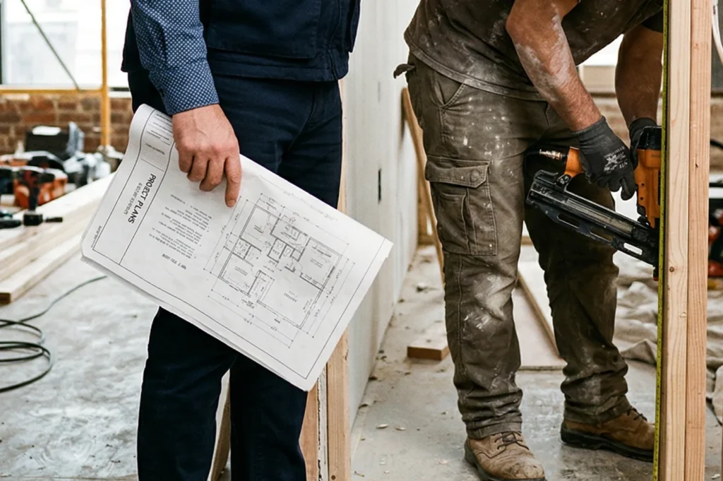 A close-up of a contractor holding architectural project plans while a worker in the background uses a power tool on a wooden frame.