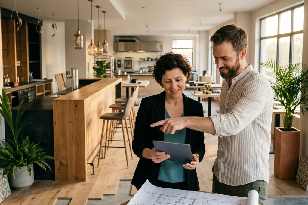 A male and female designer standing in a modern, sunlit restaurant interior reviewing architectural blueprints and a digital tablet.