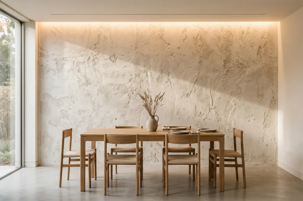 Minimalist Japandi-style dining room with a light oak wood table, woven chairs, and a large textured beige plaster feature wall with cove lighting.
