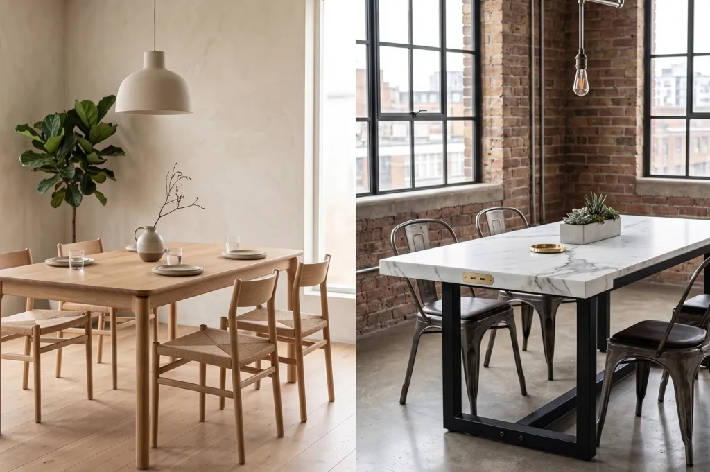 A side-by-side comparison of a light oak minimalist dining set and an industrial white marble table with brick wall background.