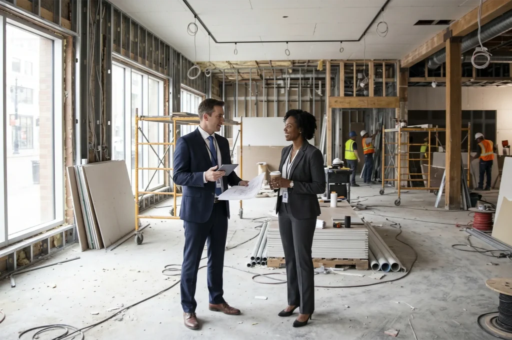 Male and female project managers in professional attire discussing blueprints at an active indoor restaurant construction site.