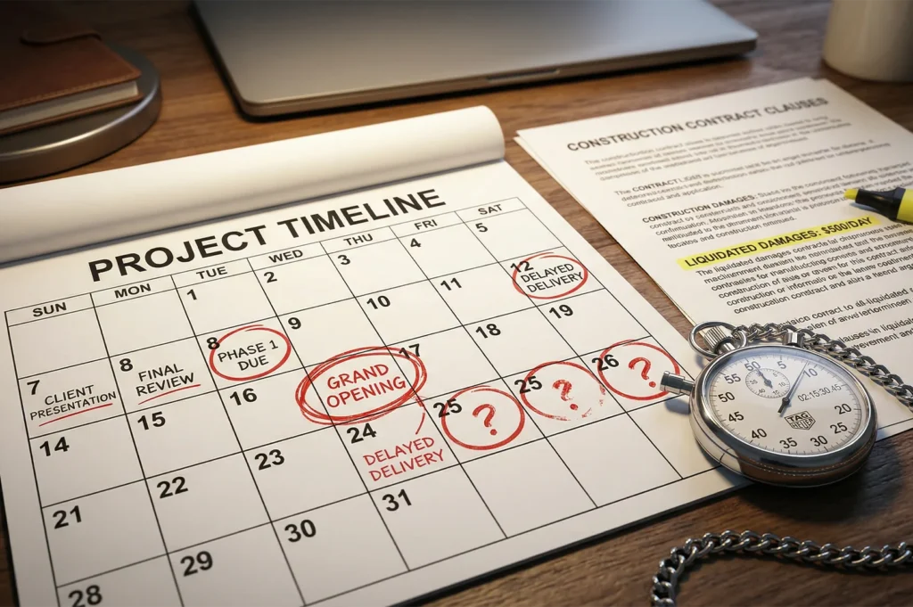 A project timeline calendar showing a grand opening date with markers for delayed delivery and construction contract clauses.