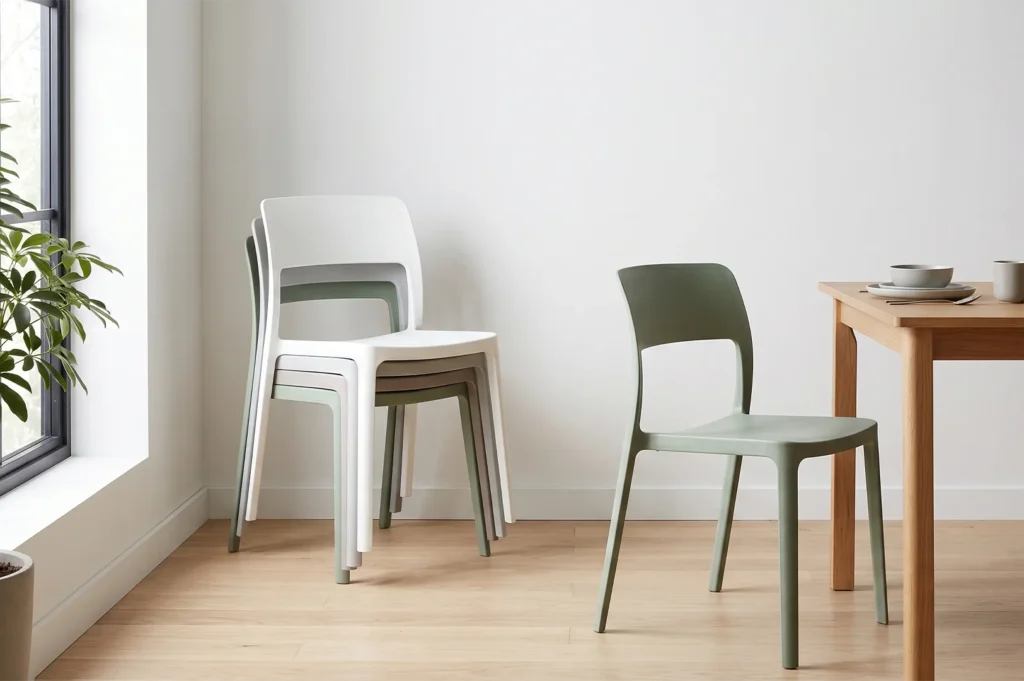 A stack of white and sage green minimalist plastic dining chairs leaning against a white wall next to a wooden dining table in a bright room.