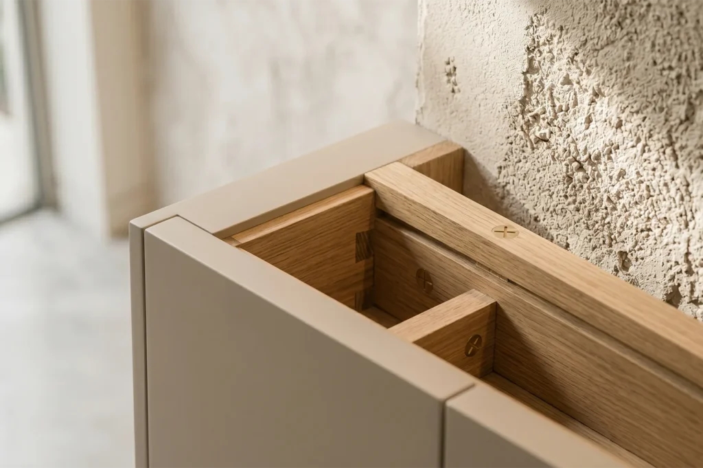 Detailed view of high-quality oak wood furniture joinery showing the internal construction and brass screw accents against a textured wall.