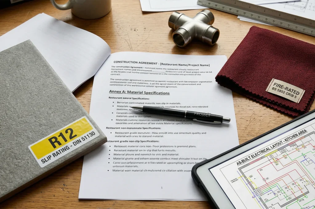 Construction agreement documents for a restaurant project showing slip rating R12 and fire-rated material specifications.