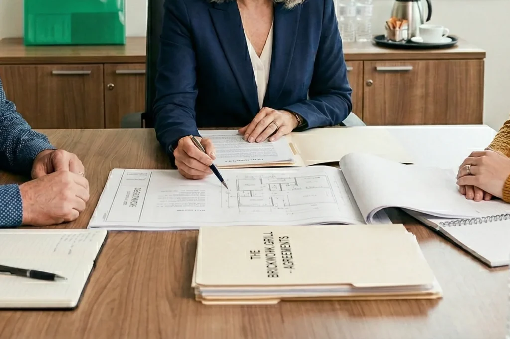 A professional meeting where three people are seated at a table reviewing and signing an architectural document.