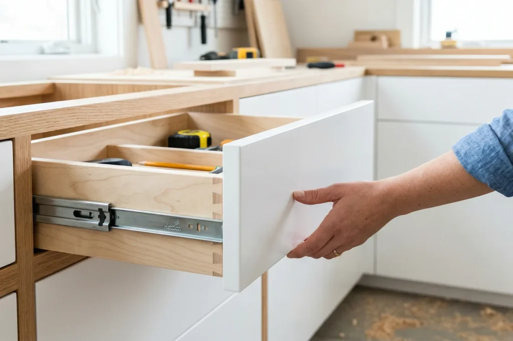 A close-up shot of a hand opening a newly installed white custom drawer with high-quality metal slides in a modern kitchen.