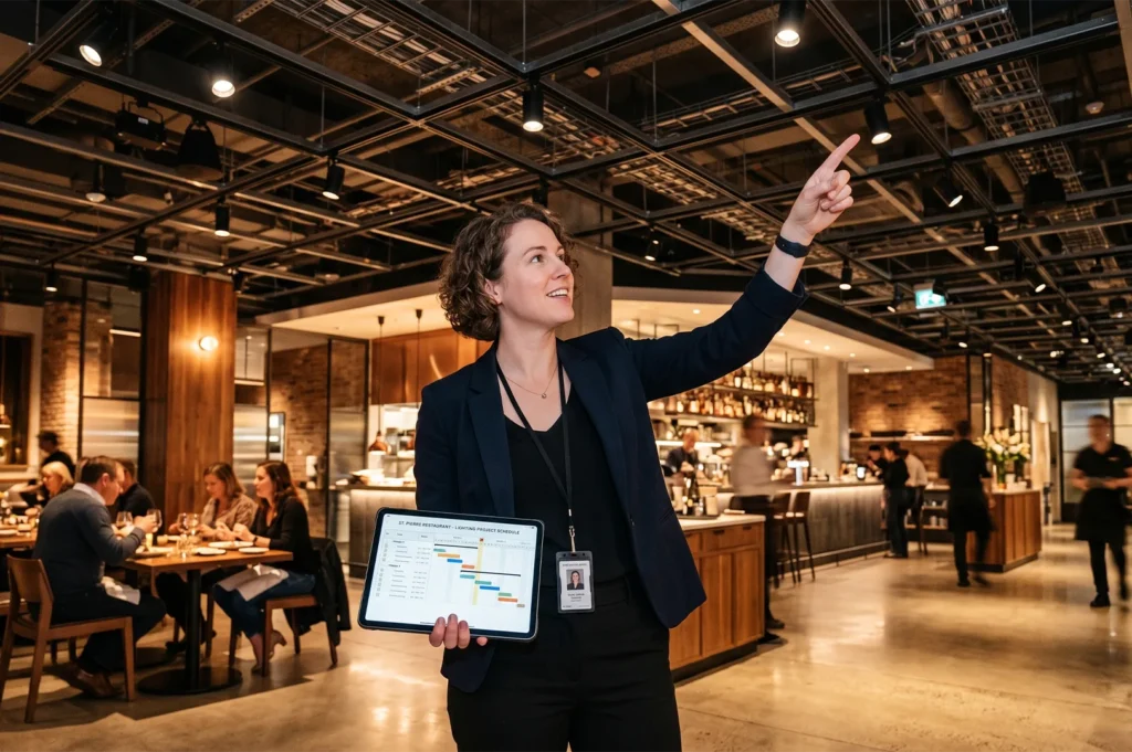 A project manager holding a digital lighting schedule on a tablet while pointing to the ceiling of a modern restaurant.