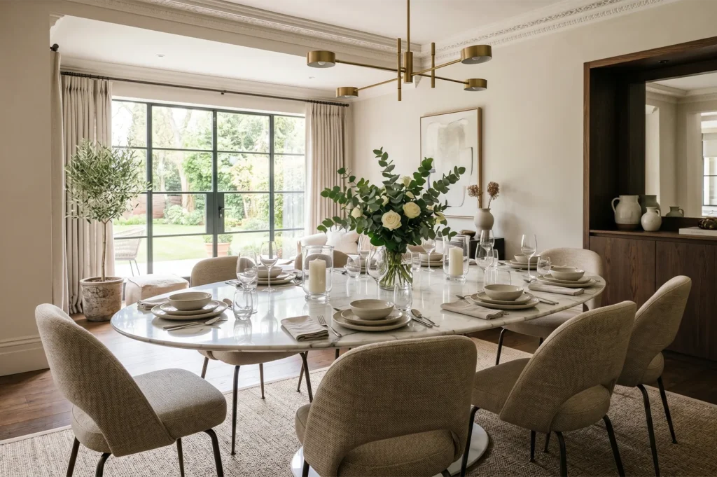 An elegant dining room featuring a large white oval marble table, contemporary grey chairs, and a gold chandelier in a high-end interior.
