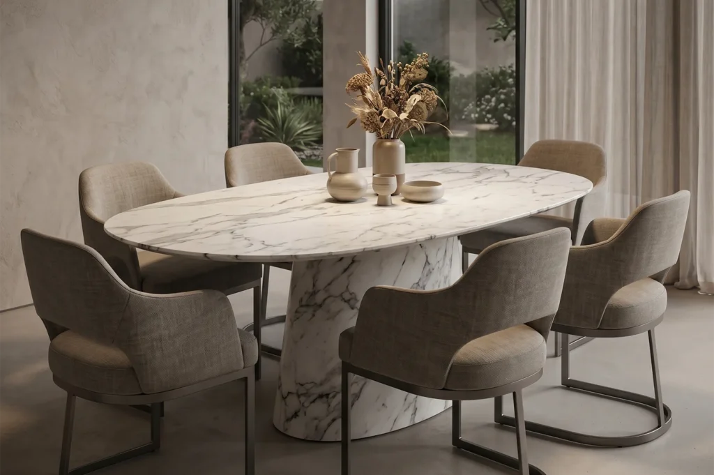 A sophisticated oval white marble dining table with a matching pedestal base surrounded by plush grey upholstered chairs in a modern room.