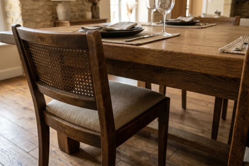 Close-up of a vintage-style dark wood dining chair featuring a woven cane backrest and a neutral linen upholstered seat cushion at a heavy timber table.