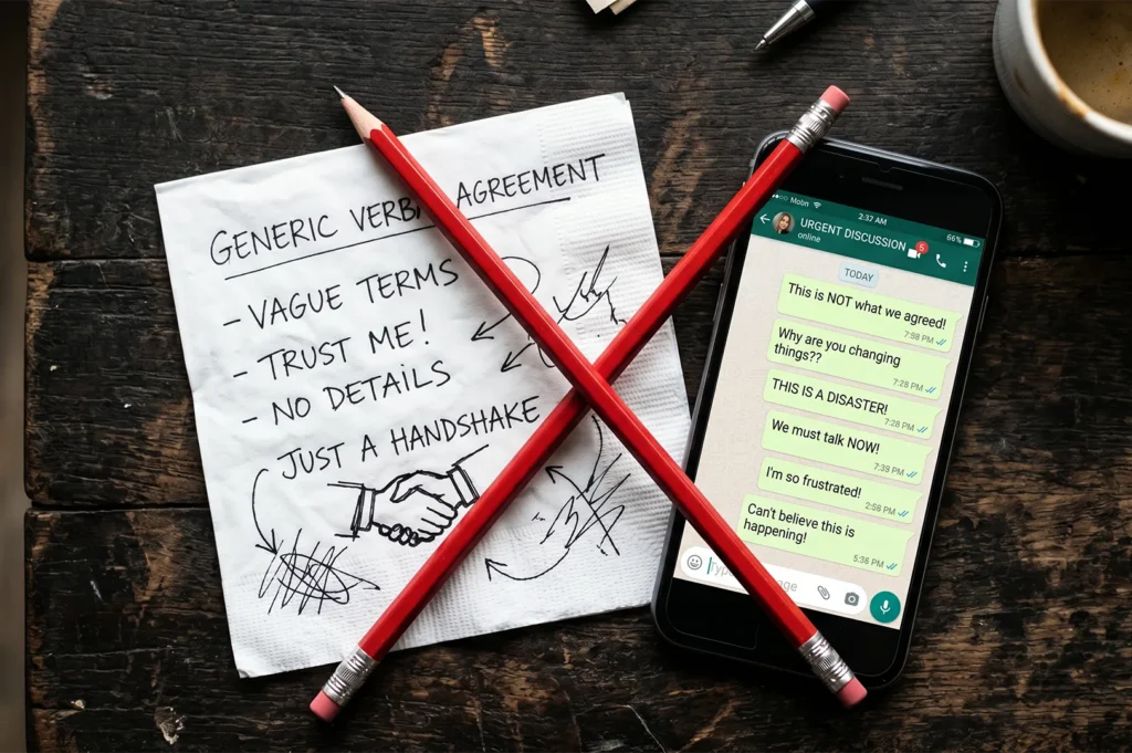 Handwritten notes on a napkin about a vague verbal agreement crossed out with red pencils next to a phone with angry text messages.