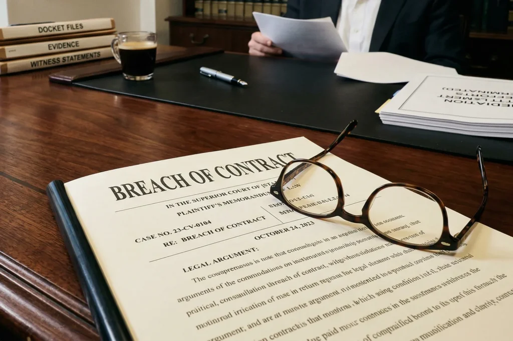 A "Breach of Contract" legal memorandum lying on a dark wood desk with a pair of glasses, a cup of coffee, and law files in the background.