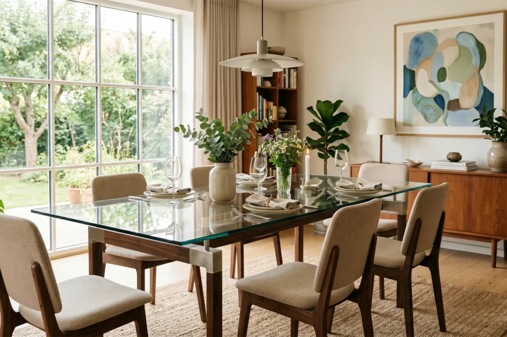 A mid-century modern dining area with a glass-top table, walnut chairs, and a large window looking out onto a lush green garden.