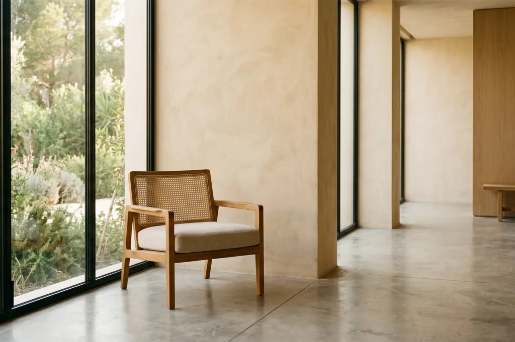 Mid-century modern inspired wooden chair with a cane backrest situated in a bright, minimalist hallway with floor-to-ceiling windows.