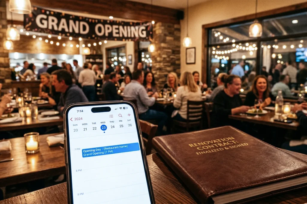 A blurred background of a busy restaurant grand opening with a finalized renovation contract and a digital calendar event in the foreground.
