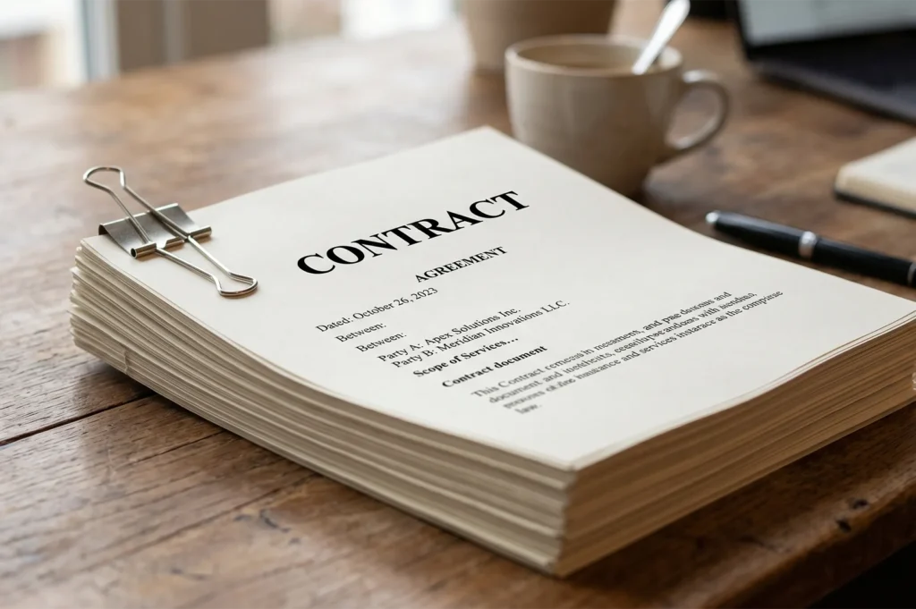 A thick stack of paper contract documents between Apex Solutions Inc. and Meridian Innovations LLC on a desk.
