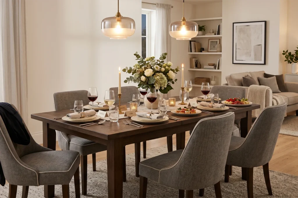 A formal dinner table set for a party with upholstered grey chairs, gold-rimmed glassware, name cards, and warm pendant lighting.