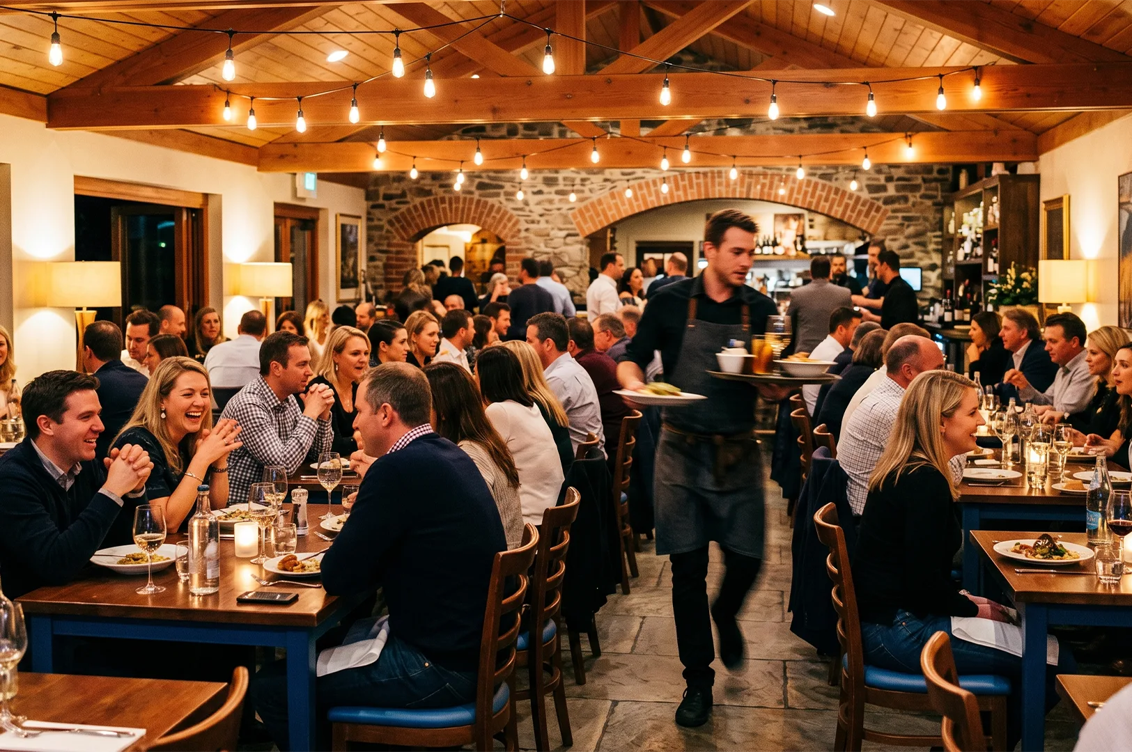 A crowded, upscale restaurant with warm string lights, showing a male server carrying a tray through a dining area filled with people enjoying meals at wooden tables.