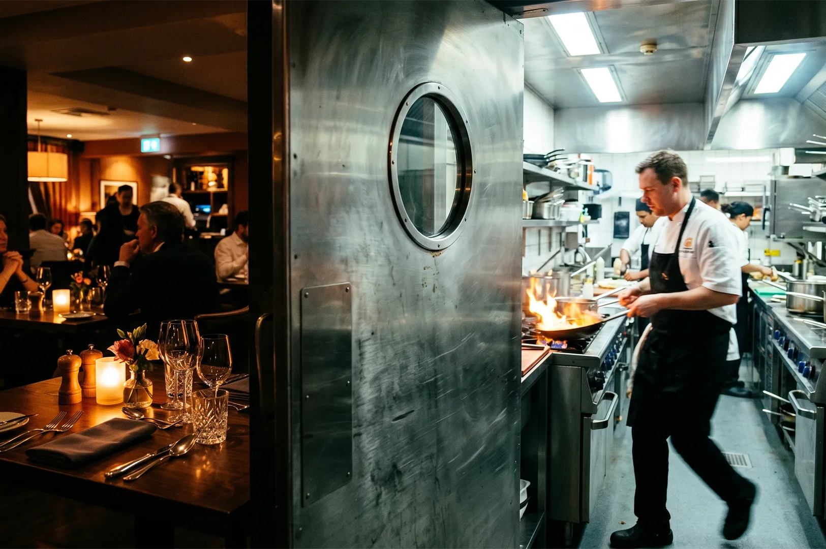 A professional chef cooking with high flames in a busy commercial kitchen, viewed through a stainless steel swinging door from a dimly lit fine dining restaurant dining room.