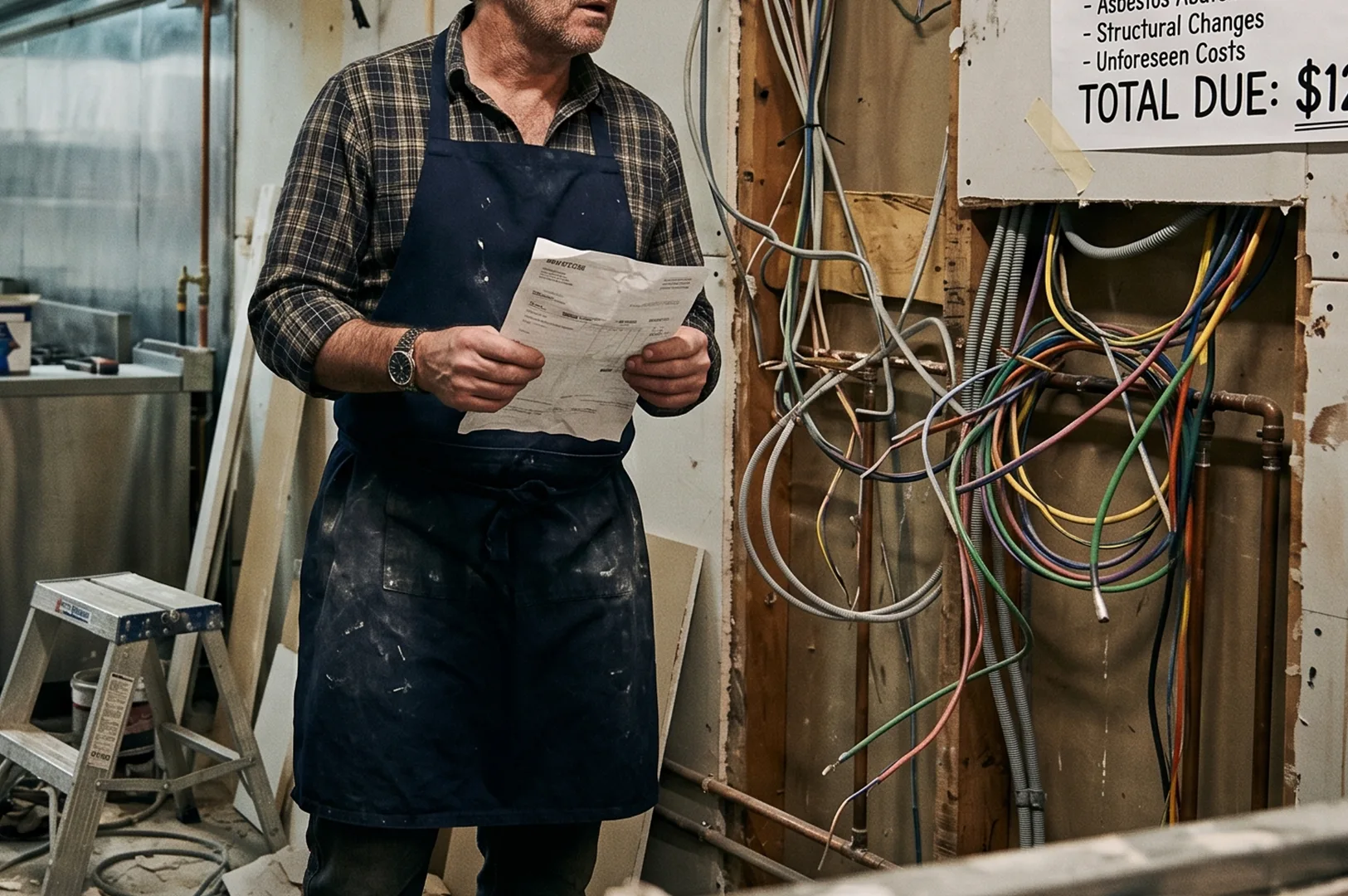 A concerned contractor in a blue apron holding an invoice in a messy construction site with exposed wiring and a sign listing unforeseen costs like asbestos removal.
