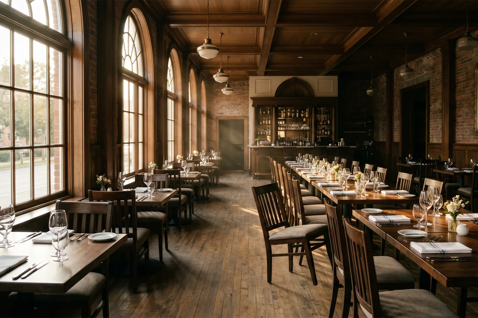 An empty upscale restaurant dining room featuring polished hardwood floors, long dark wood tables set with fine wine glasses and white napkins, brick accent walls, and large arched windows letting in warm afternoon sunlight.