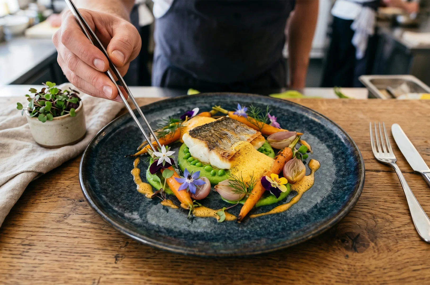 Close-up of a professional chef using tweezers to meticulously place edible flowers onto a gourmet pan-seared white fish dish, beautifully plated with pea puree, baby carrots, and microgreens on a rustic wooden pass.