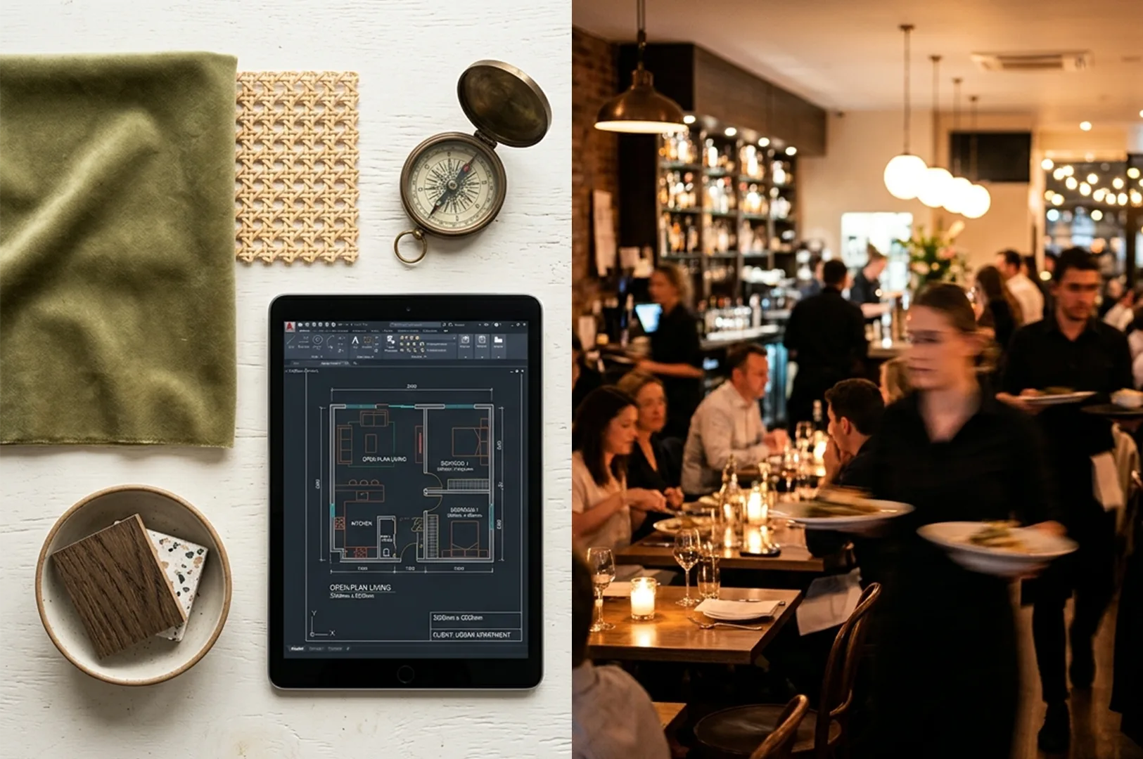 A split composition showing an interior design moodboard with fabric samples and a digital floor plan on a tablet, alongside a busy restaurant interior.