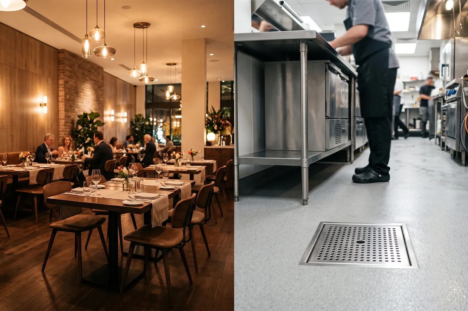 A split screen image showing a warm, well-lit restaurant dining room with tables on the left, and a modern commercial kitchen with stainless steel counters and an efficient floor drainage system on the right.