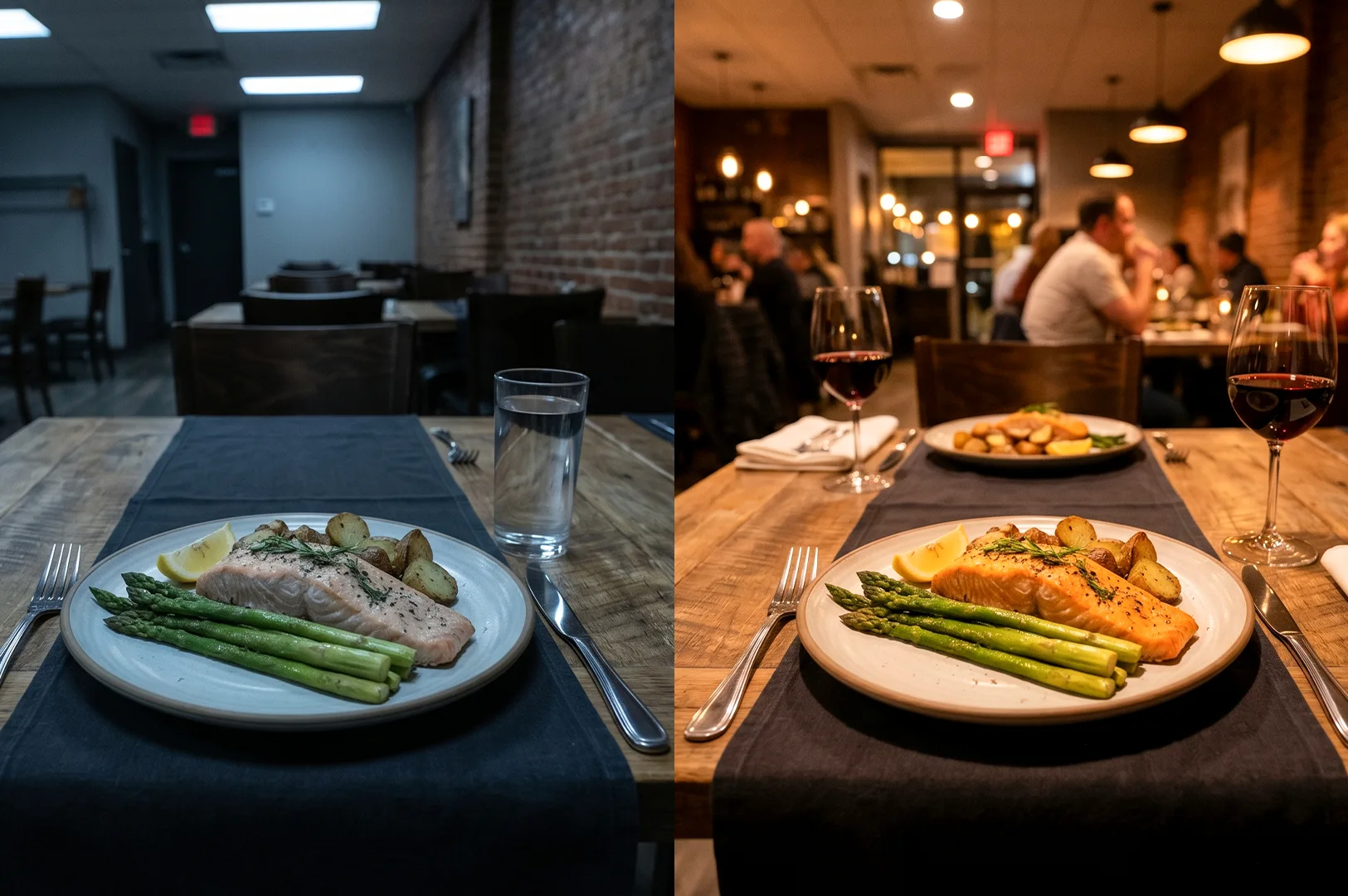 A side-by-side comparison of a salmon dinner with asparagus and potatoes in a restaurant, showing the difference between dim, cool lighting and warm, inviting ambient lighting.