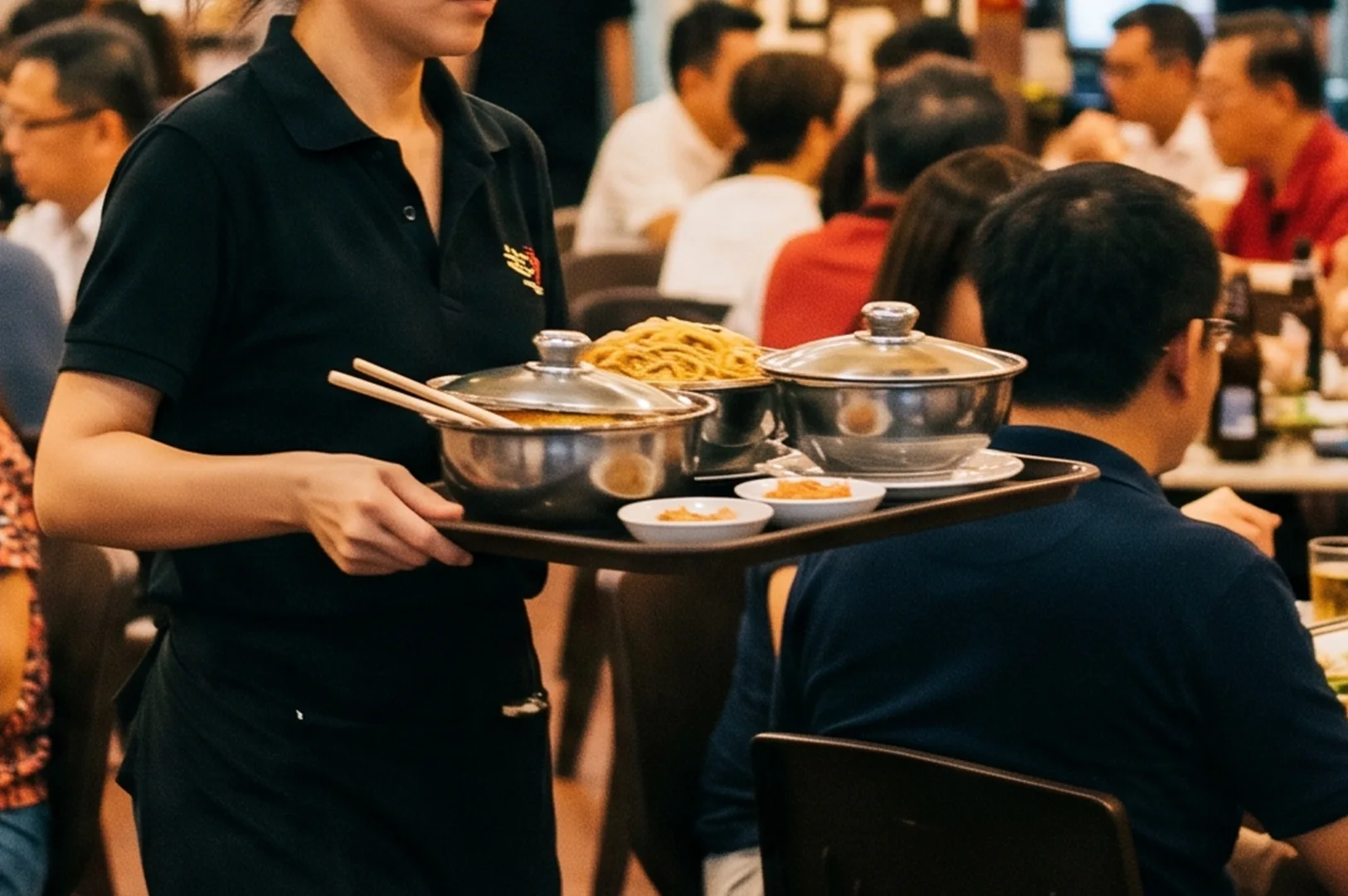 A restaurant server in a black polo shirt carrying a tray with covered metal bowls of hot soup and noodles to a table of diners.