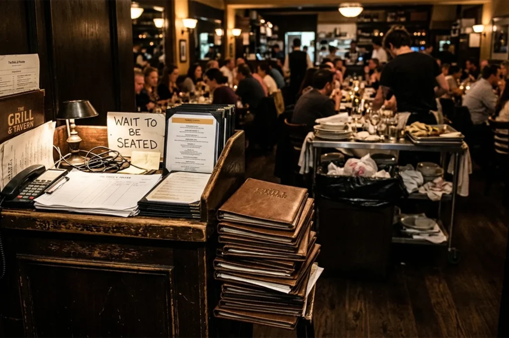 Close-up of a rustic wooden host stand at 'The Grill & Tavern' with a stack of leather menus and a 'Wait to be Seated' sign, overlooking a crowded, warmly lit dining room.