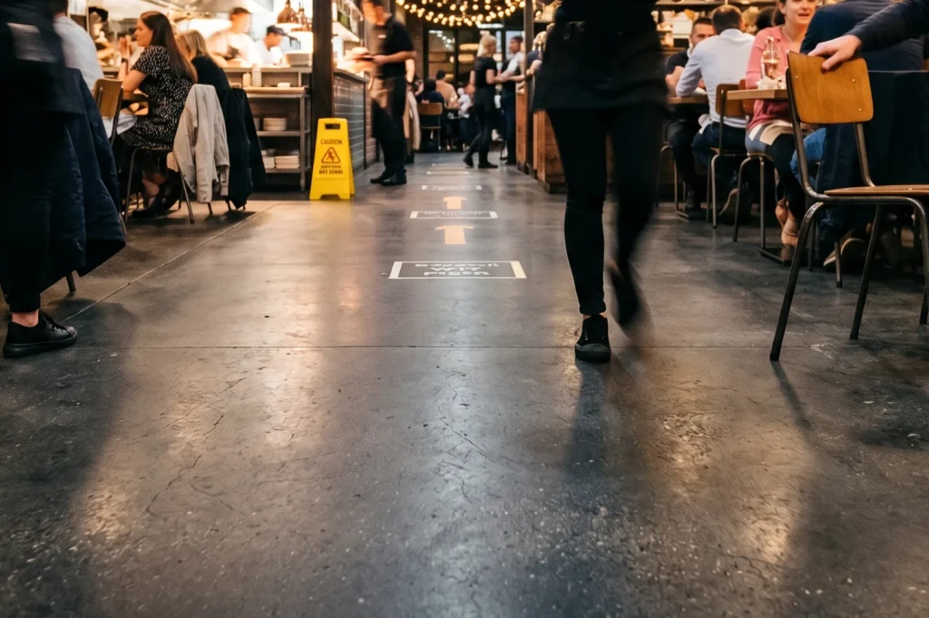 A busy restaurant interior looking down a polished concrete hallway floor with yellow wet floor caution signs and directional arrows between dining tables.