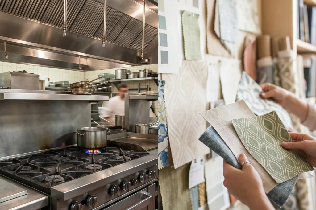 A split image showing a professional commercial kitchen stove with stainless steel hoods on the left, and a designer's hands reviewing green and textured fabric swatches on the right.