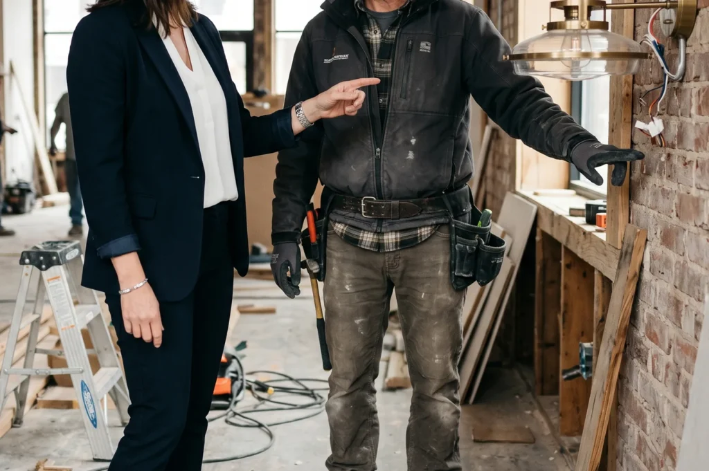 A woman in a navy blazer pointing at exposed electrical wiring on a brick wall while consulting with a construction worker wearing a tool belt in a room under renovation.