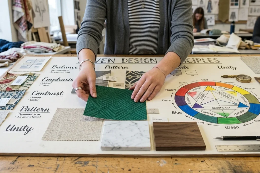 An interior designer arranging green fabric swatches on a design board featuring the color wheel and 'Seven Design Principles' like balance and unity.