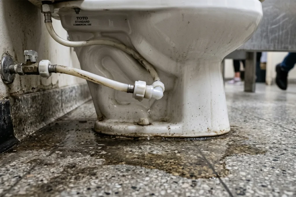Close-up view of a leaking toilet plumbing valve under a commercial toilet bowl, showing water droplets falling onto a wet terrazzo tile floor.