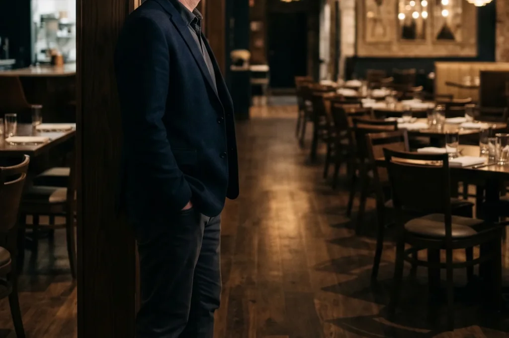 A man wearing a navy blue blazer and dark trousers stands leaning against a wooden pillar with his hands in his pockets inside a dimly lit upscale restaurant background.