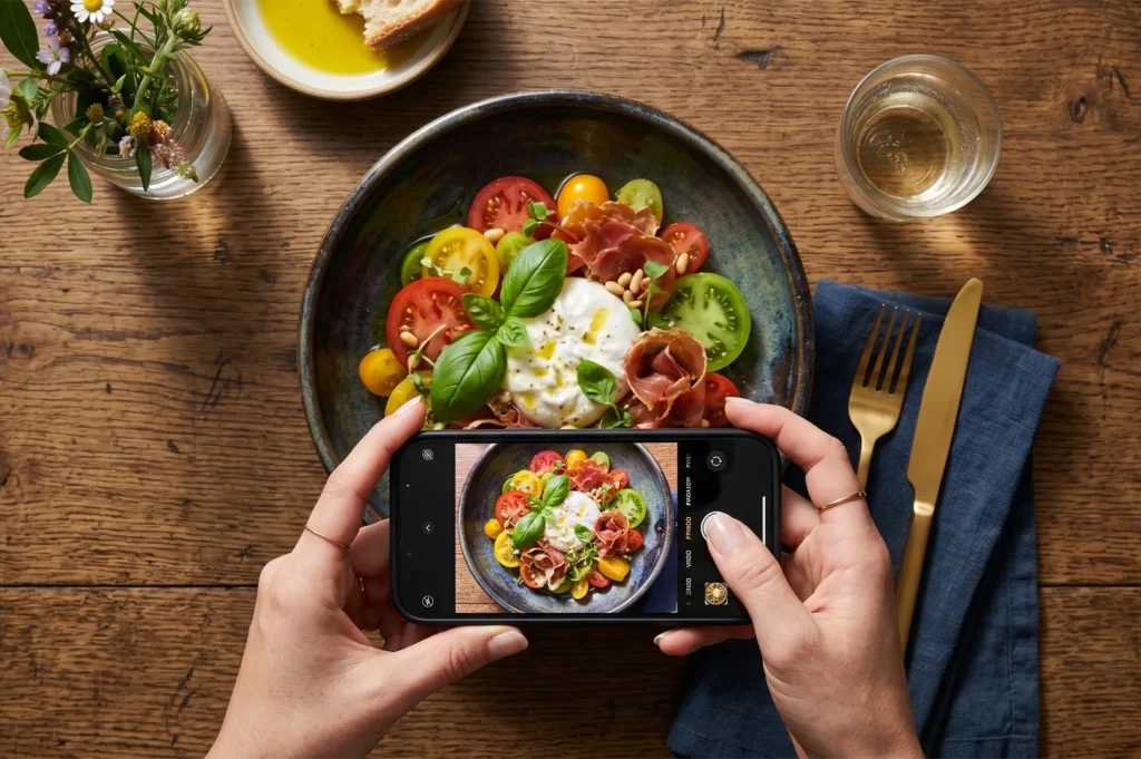 Top-down view of a person using a smartphone to take a photo of a vibrant burrata salad with heirloom tomatoes and prosciutto on a wooden table.