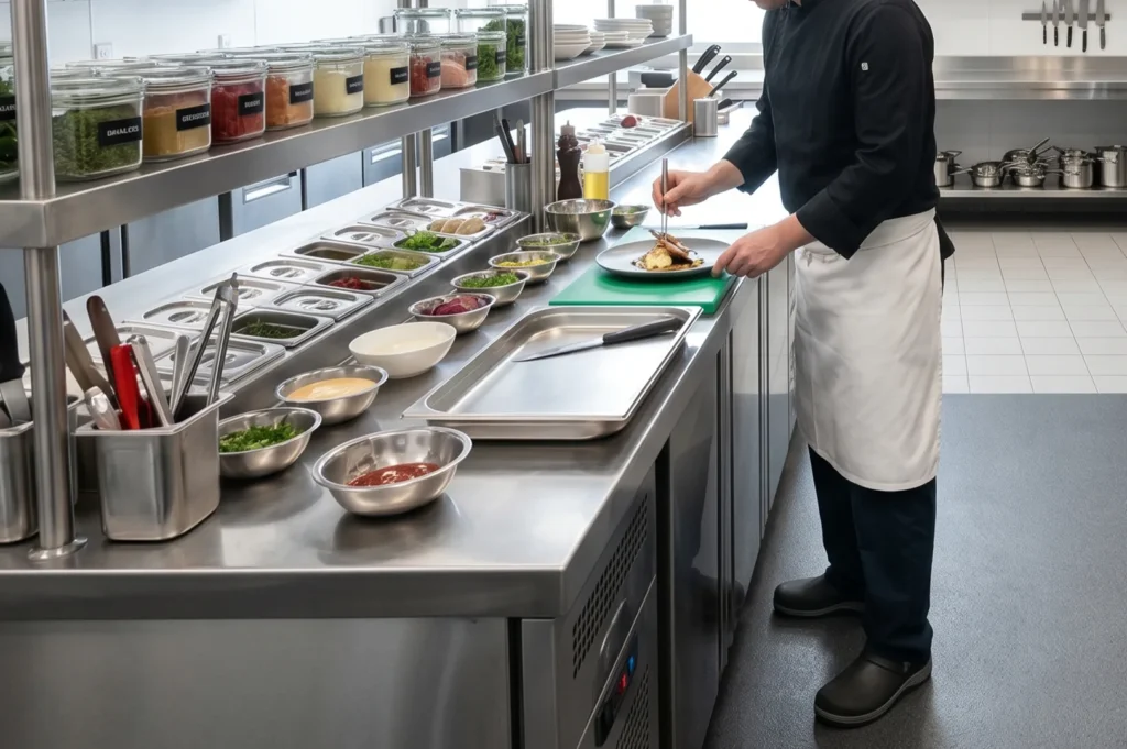 A chef in a modern, spotless stainless steel commercial restaurant kitchen carefully plating a dish at a well-organized mise en place station with herbs, sauces, and spices.