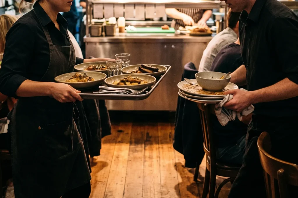 Close-up of restaurant staff in dark aprons carrying large trays of plated gourmet meals and clearing used dishes in a busy dining room.