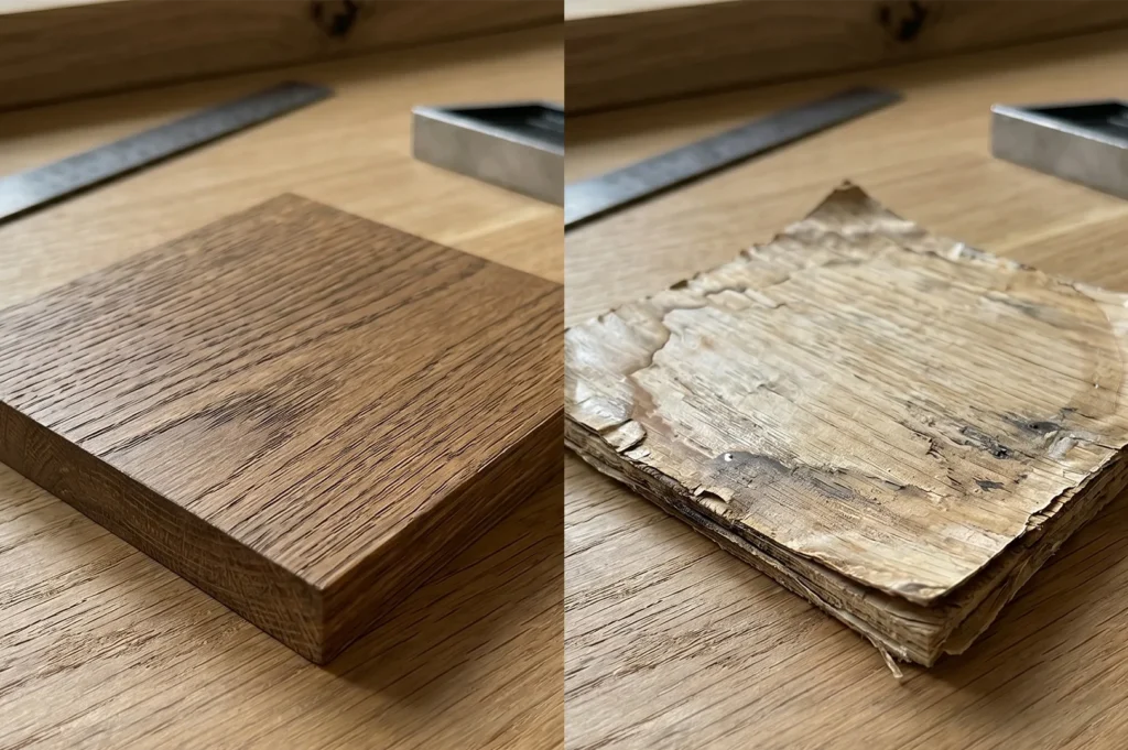 A side-by-side comparison of a high-quality solid oak wood block and a water-damaged, peeling low-quality wood veneer sample.