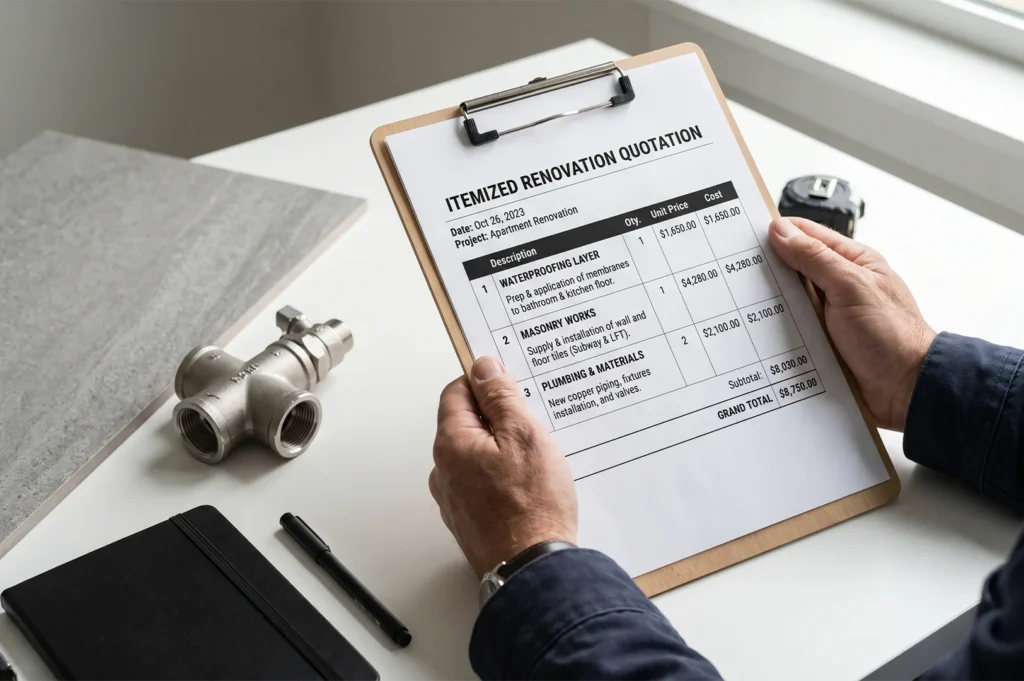 A contractor holding a clipboard showing an itemized renovation quotation with costs for waterproofing layers, masonry works, and plumbing materials.