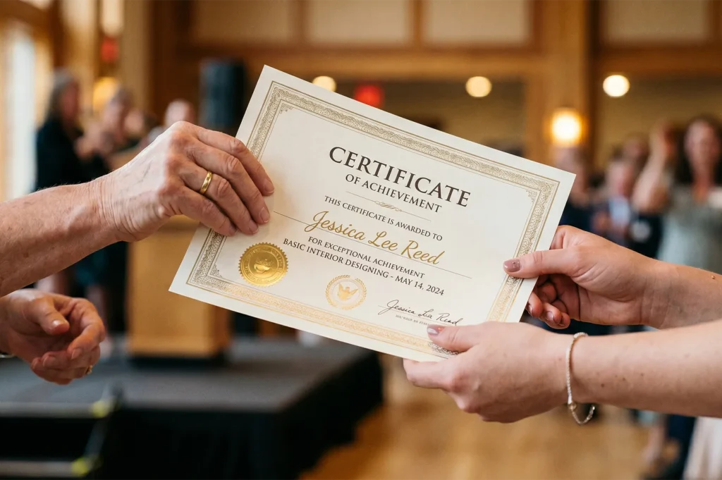 Close-up of two hands holding a formal Certificate of Achievement awarded for Basic Interior Designing on May 14, 2024.